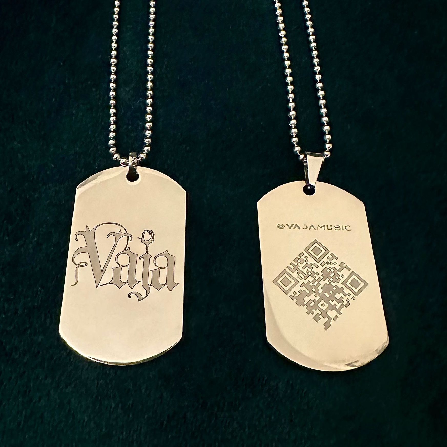 Silver glossy Vaja dog tags with a silver chain.