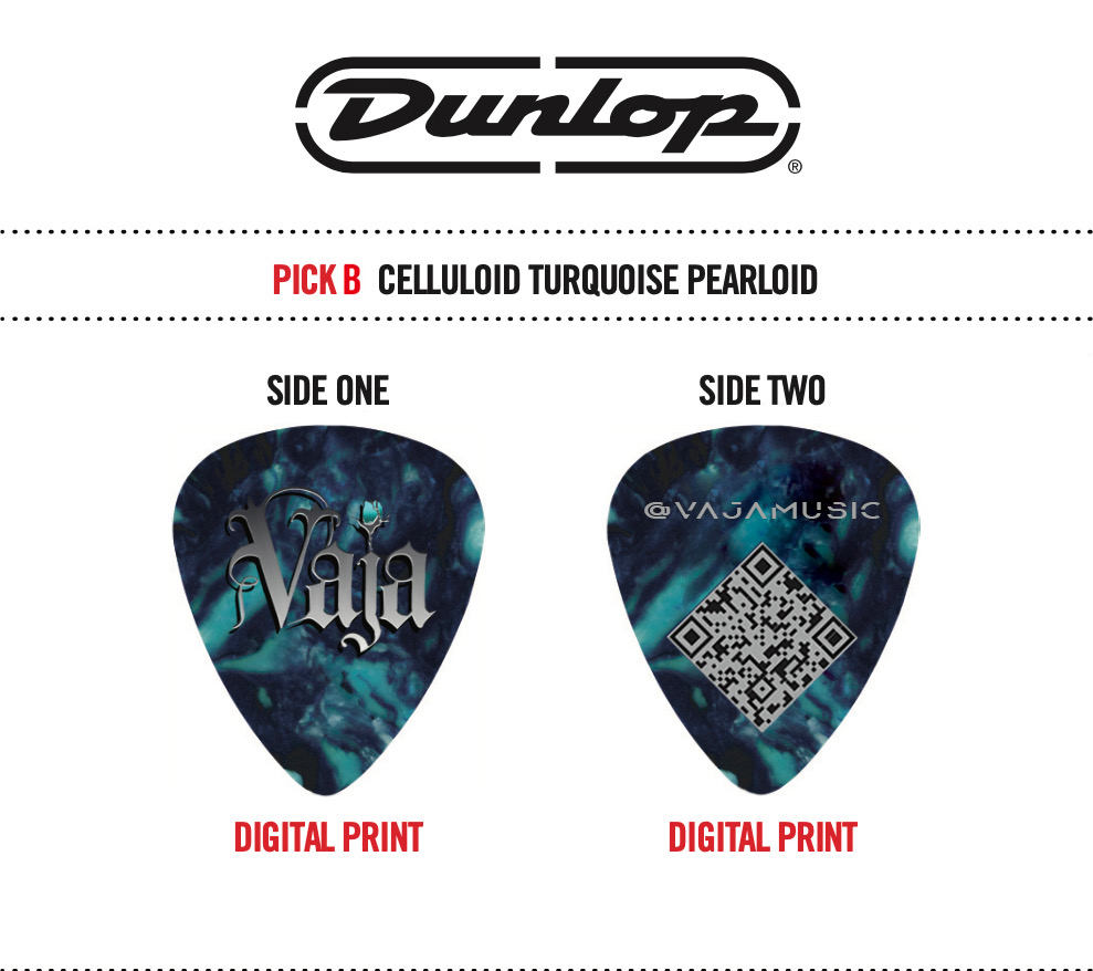 Vaja Dunlop custom turquoise guitar picks.