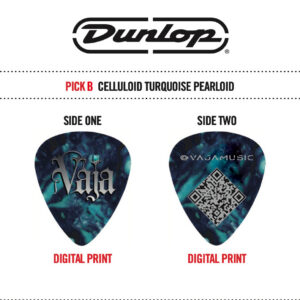 Vaja Dunlop custom turquoise guitar picks.