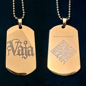 Gold glossy Vaja dog tags with a gold chain.