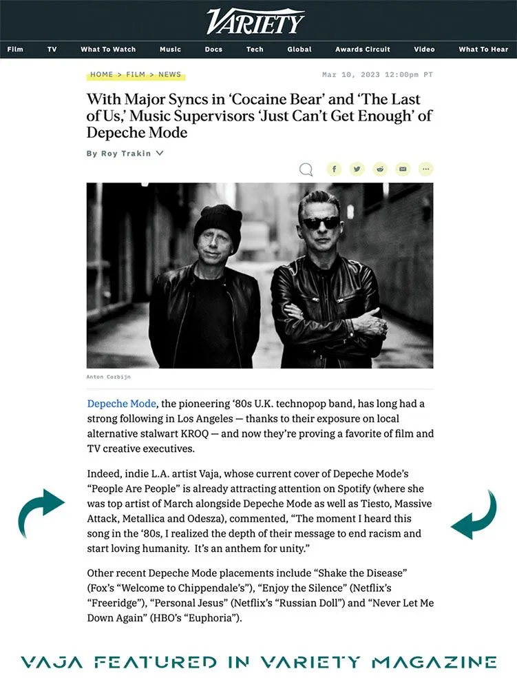 Vaja featured in Variety coverage of Depeche Mode syncs.