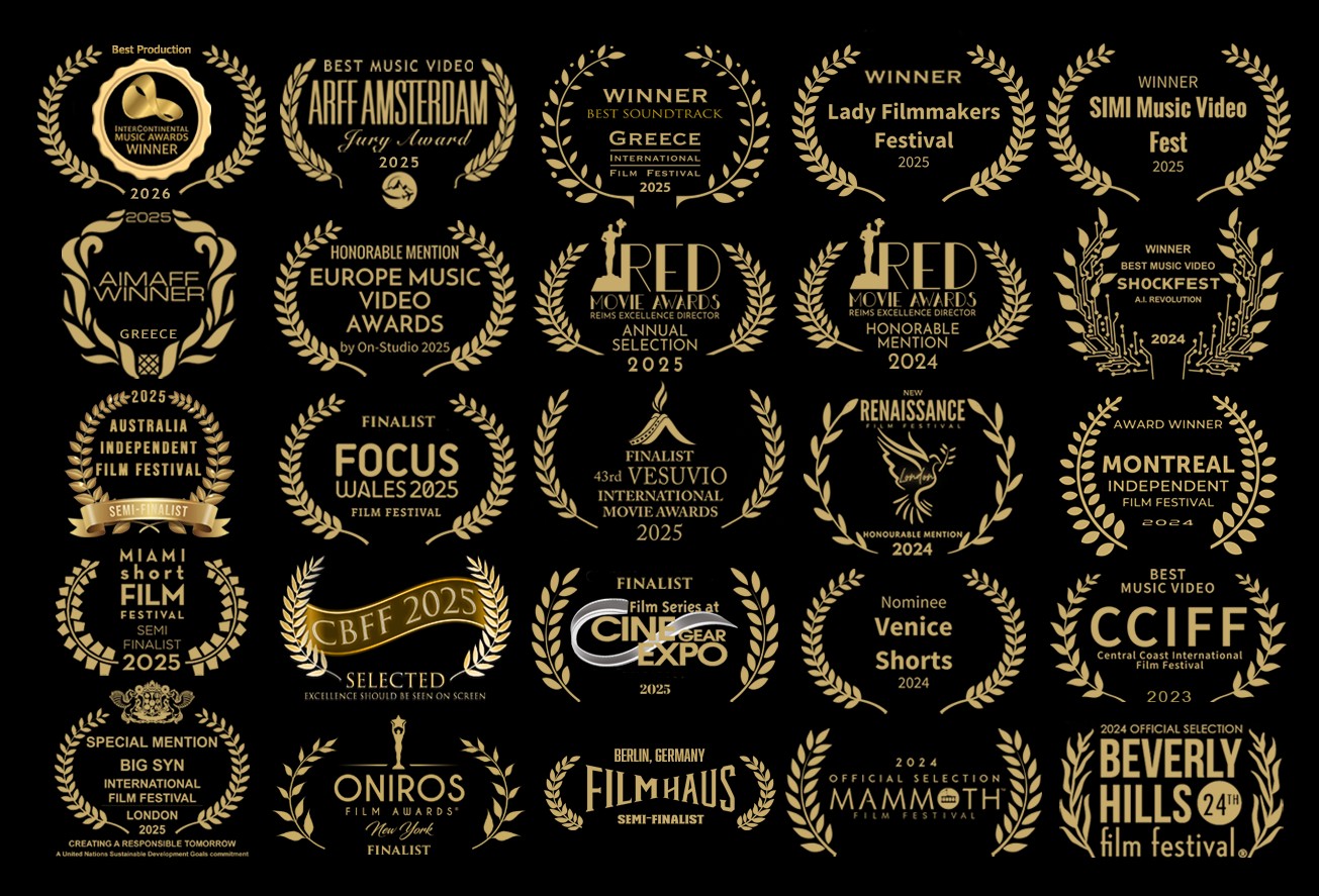 Gold film festival laurel wreaths on a black background, showing awards won by Vaja's People Are People music video, including Best Music Video at ARFF Amsterdam 2025.